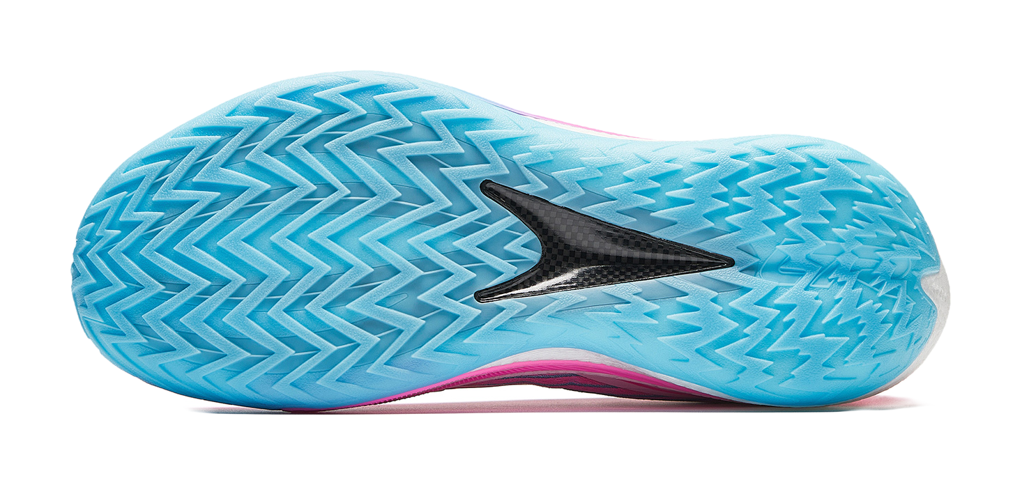 Blue outsole of pink running shoe with textured traction pattern