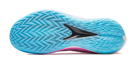 Blue outsole of pink running shoe with textured traction pattern
