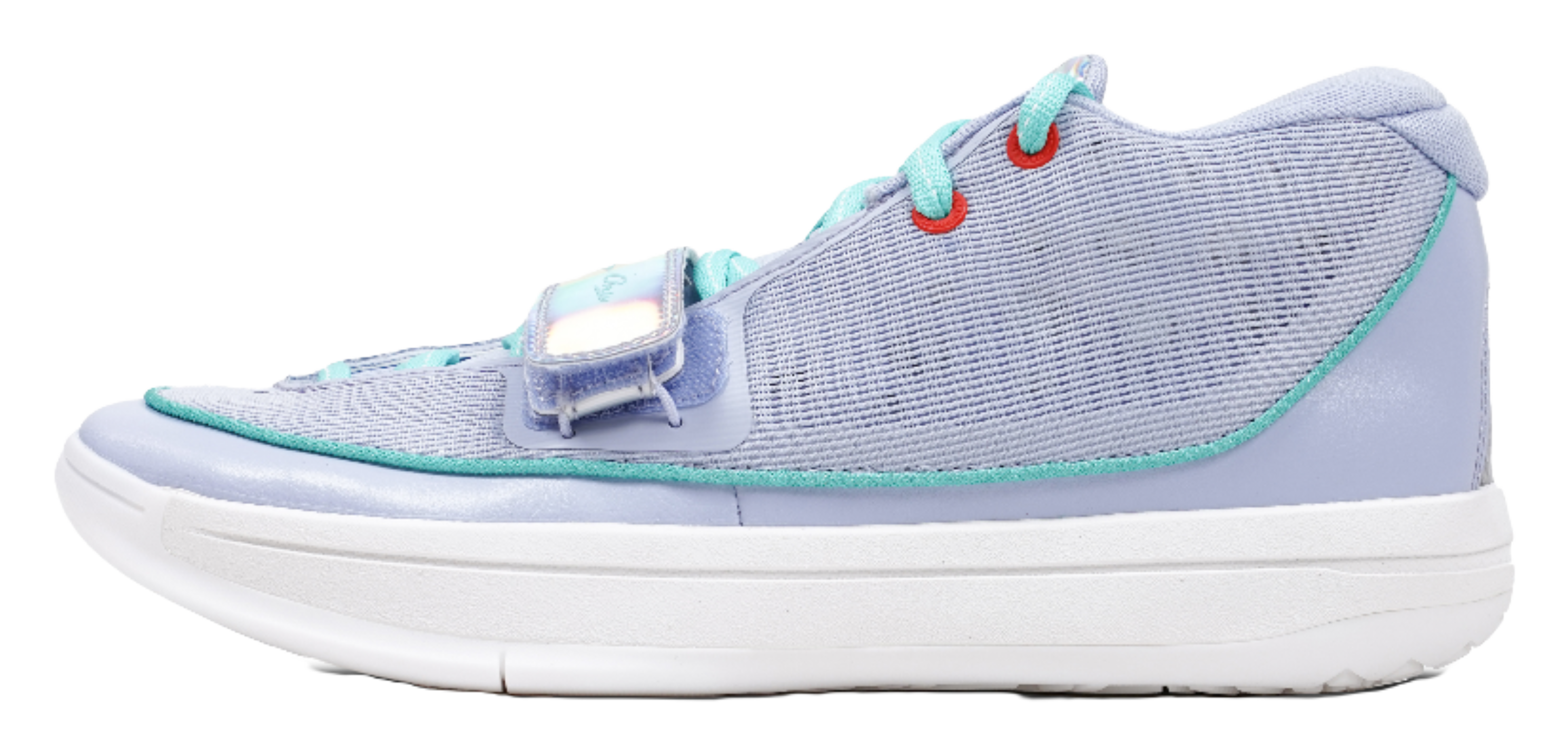Light blue unisex basketball shoe with teal laces, hook strap, and white sole
