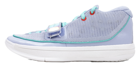 Light blue unisex basketball shoe with teal laces, hook strap, and white sole