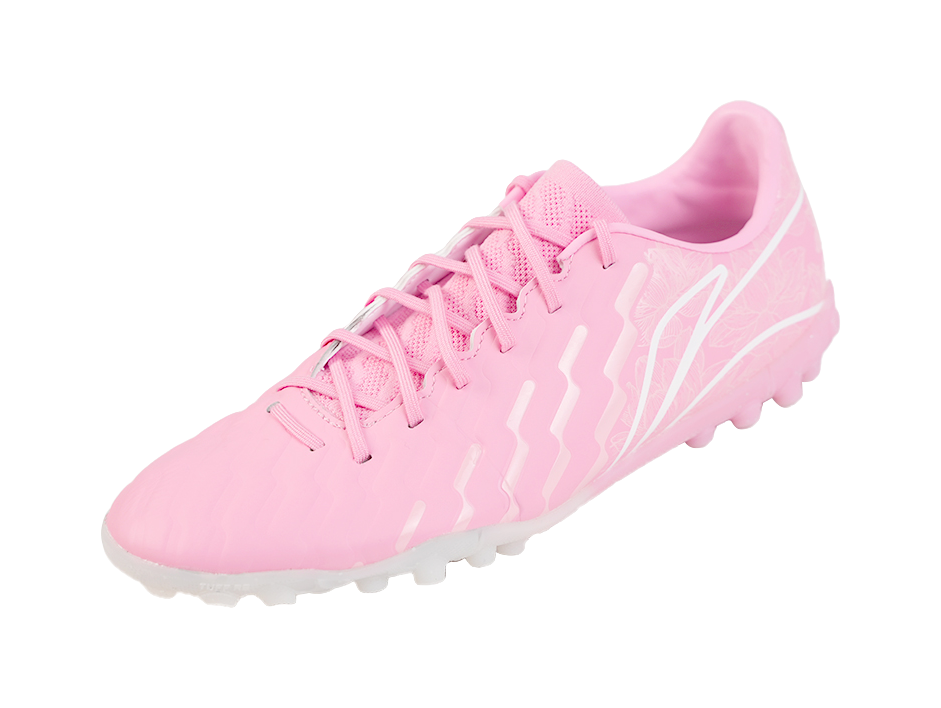 Unisex turf soccer shoe, pinkish mesh upper, lace-up design, TPU cleats