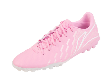 Unisex turf soccer shoe, pinkish mesh upper, lace-up design, TPU cleats