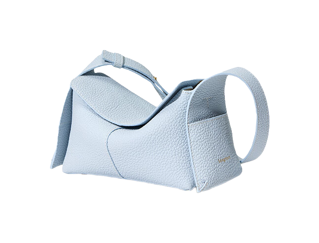 Mini cow leather shoulder bag in light blue with top flap and side pocket panel