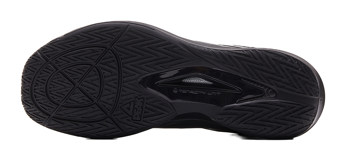Black basketball shoe outsole with patterned tread and traction grooves.