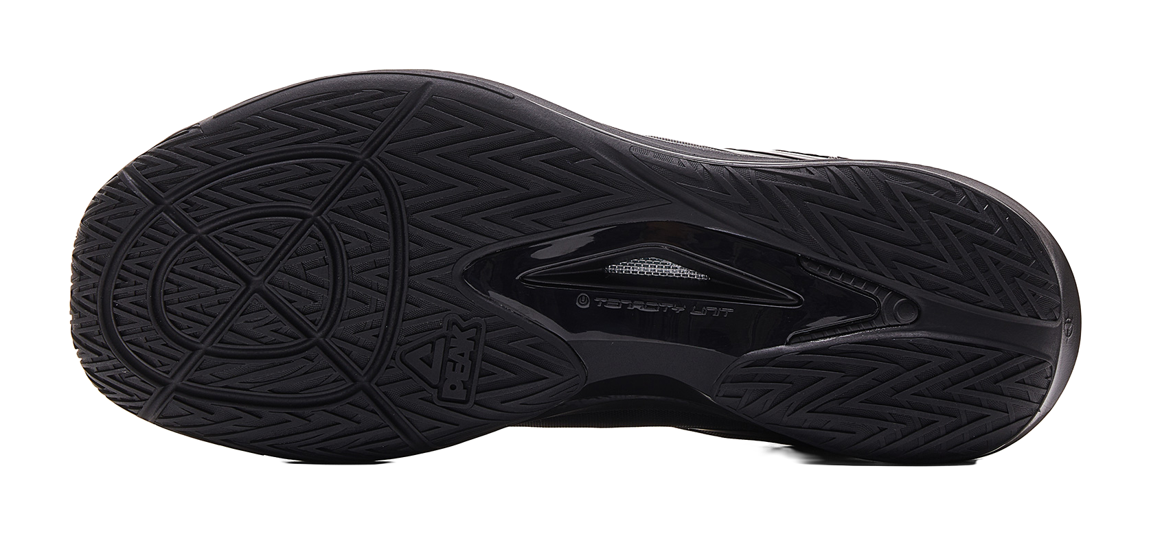 Black basketball shoe outsole with patterned tread and traction grooves.