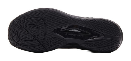 Black basketball shoe outsole with patterned tread and traction grooves.