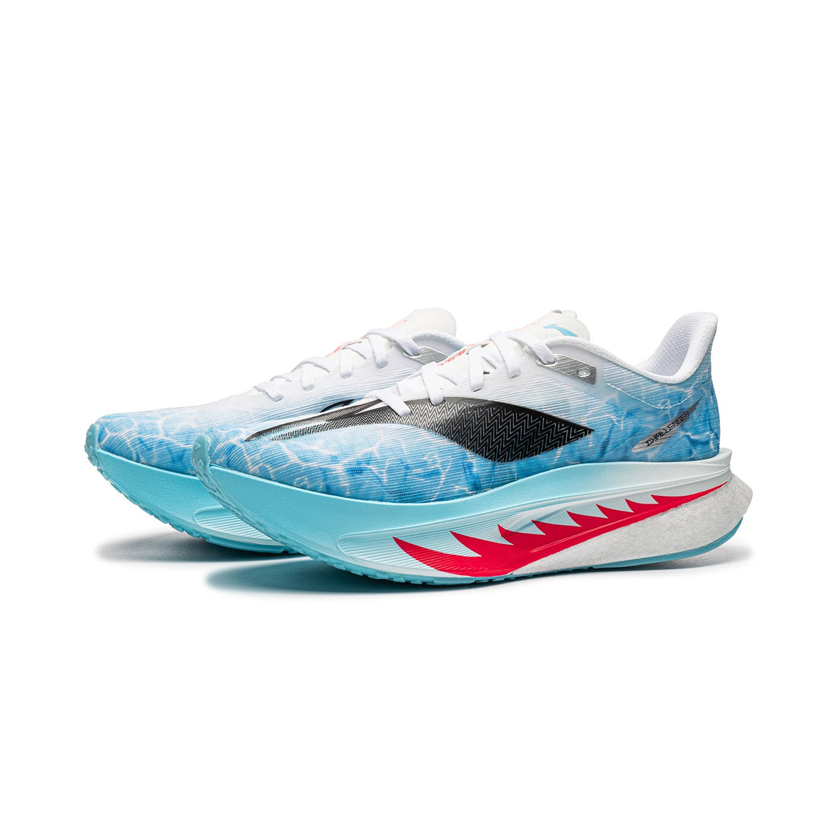 Men's running shoes, side angle view with red accent stripe and blue patterned upper, lace-up.