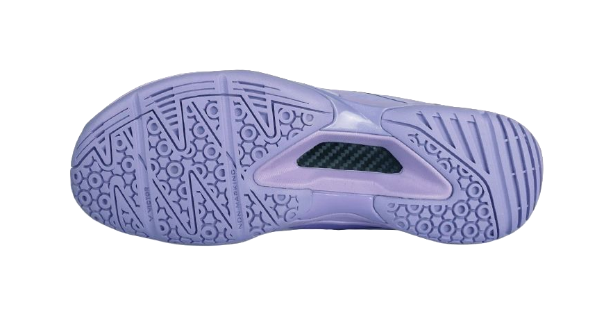 Badminton shoe outsole in light purple with patterned traction tread