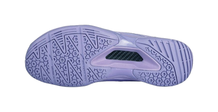 Badminton shoe outsole in light purple with patterned traction tread