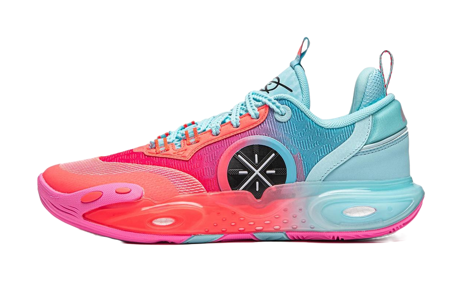 Blue and pink youth basketball shoe with lace-up front and padded collar