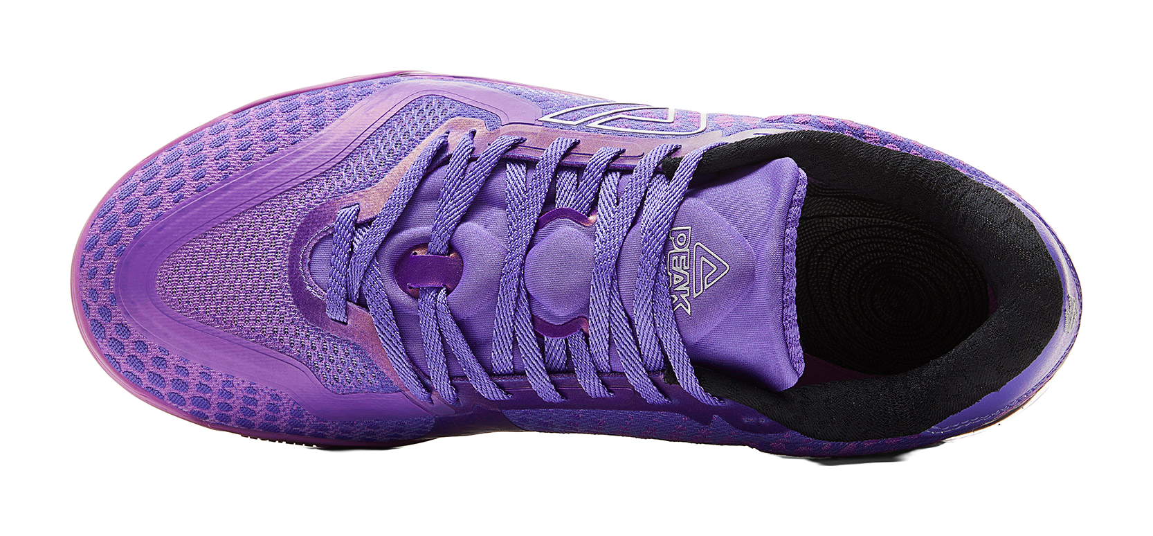 Crystal purple basketball shoe viewed from the side with lace loops and PEAK branding
