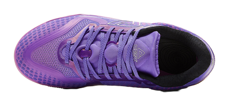Crystal purple basketball shoe viewed from the side with lace loops and PEAK branding
