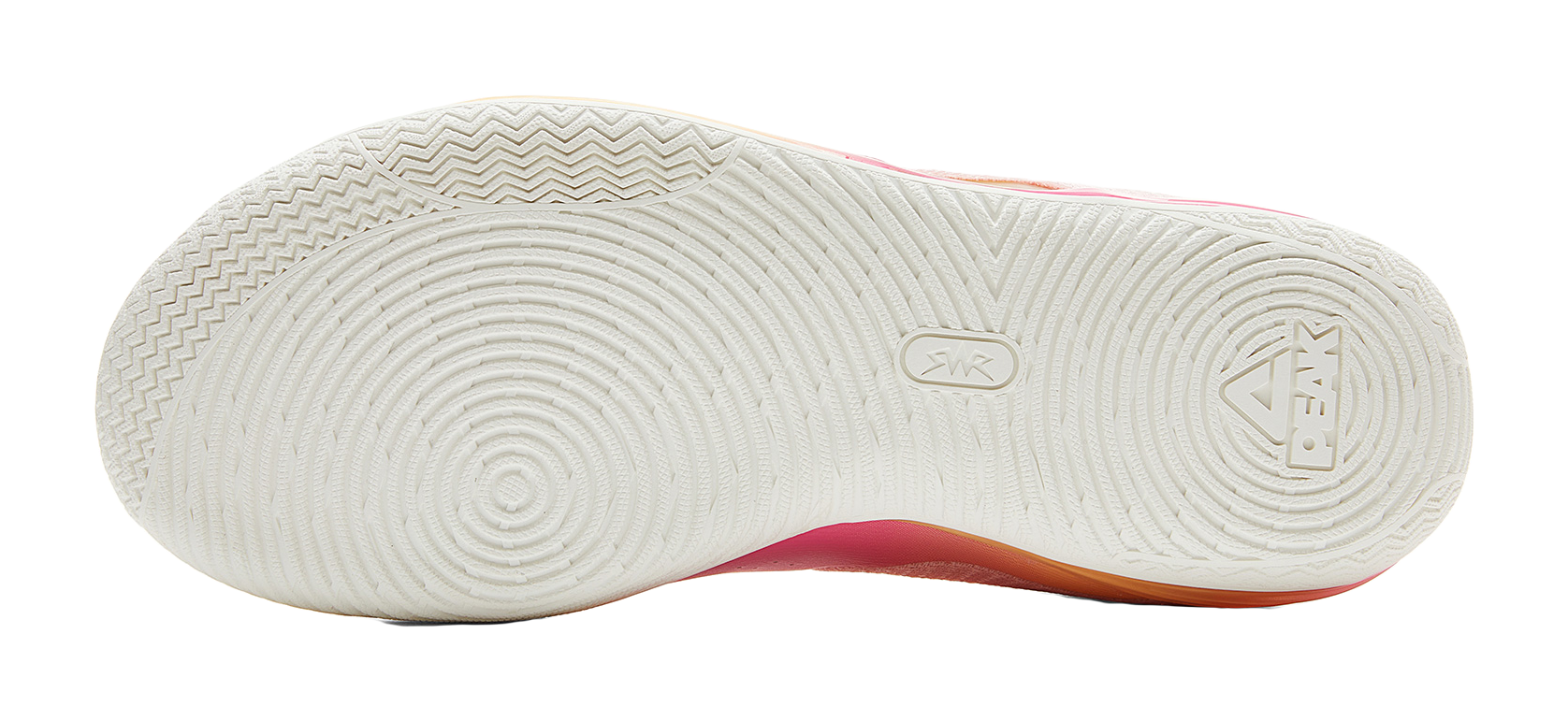 White rubber outsole with traction pattern and PEAK logo on heel