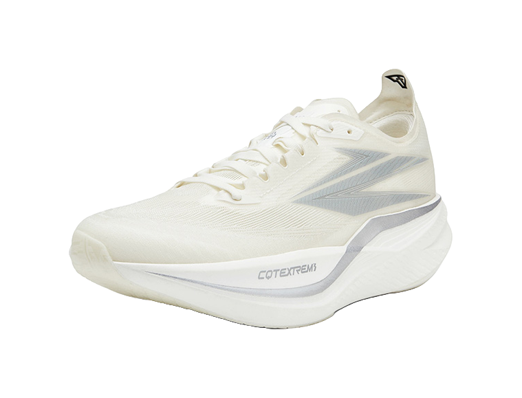 White unisex running shoe, 3/4 side view, lace-up, padded tongue, thick sole