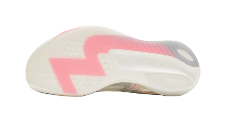 Outsole view of low running shoe in white with pink and gray traction pattern.