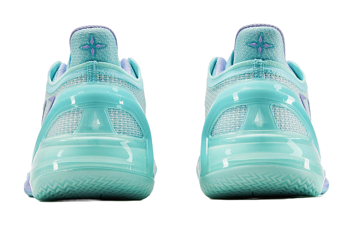 Back view of light blue low-top basketball shoes with teal heel cushioning and purple logo