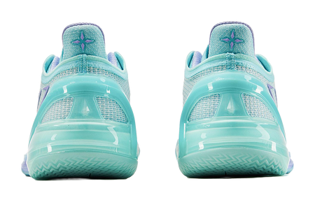 Back view of light blue low-top basketball shoes with teal heel cushioning and purple logo