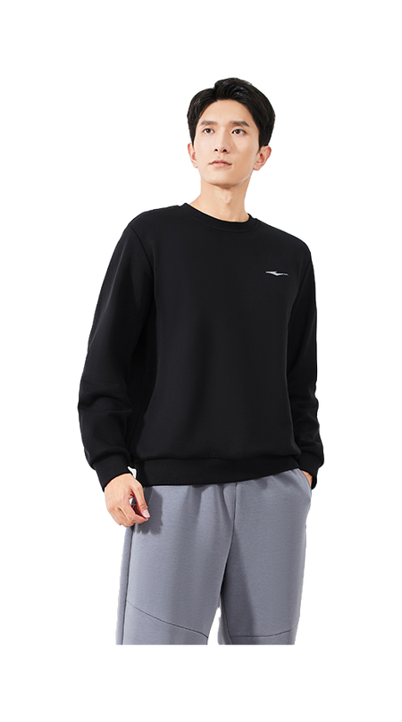 Hongxing Erke Essentials Comfortable and Warm Velvet Thickened with Velvet Autumn and Winter Solid Color Basic Versatile Loose Sports and Leisure Commuter Round Neck Hoodie Men's Style Black  vjsneaker.com