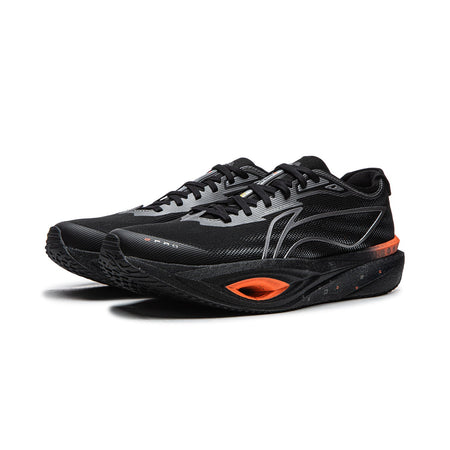 Black Li-Ning running shoe angled view with laces, mesh texture, orange heel cutout
