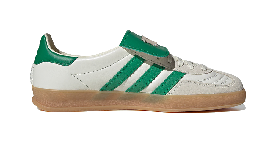 Low-top Gazelle skate shoes with white leather, green three-stripe overlays, gum sole