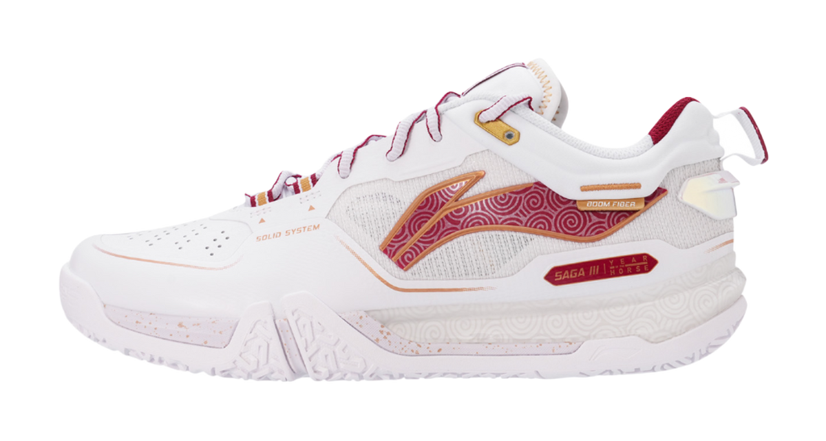 White and red badminton shoe with mesh upper, lace-up, and padded collar