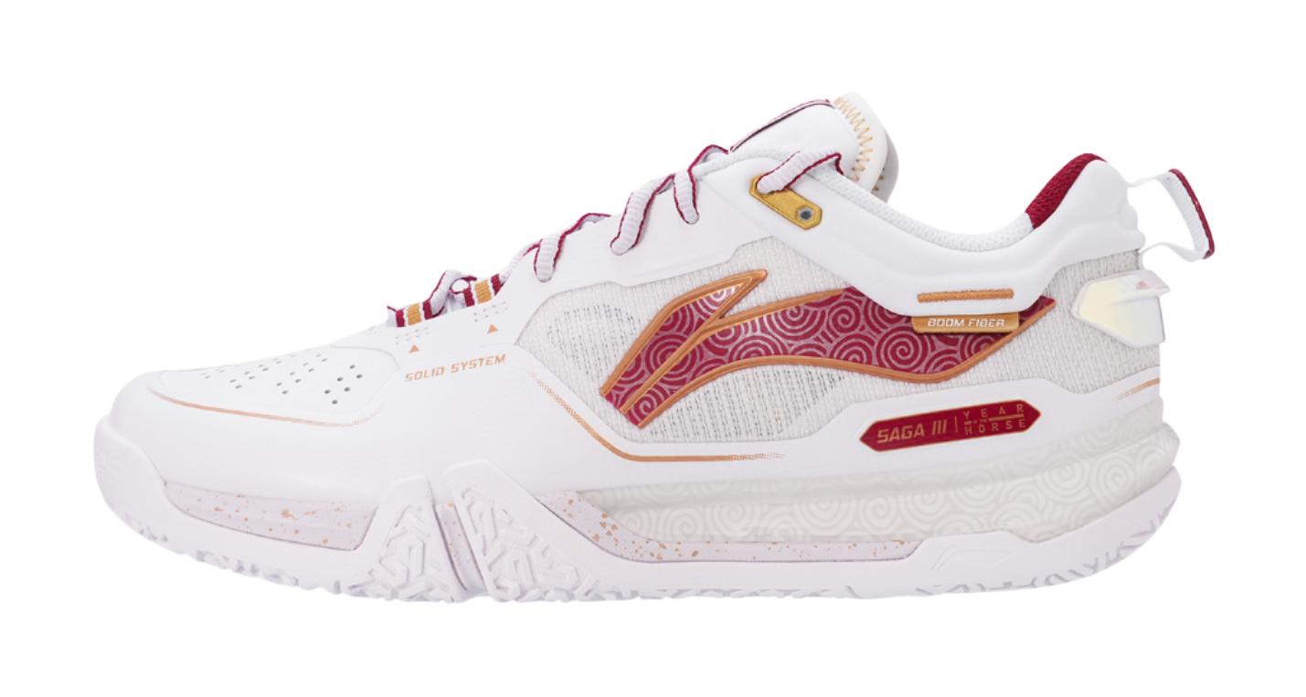 White and red badminton shoe with mesh upper, lace-up, and padded collar
