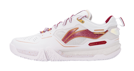White and red badminton shoe with mesh upper, lace-up, and padded collar