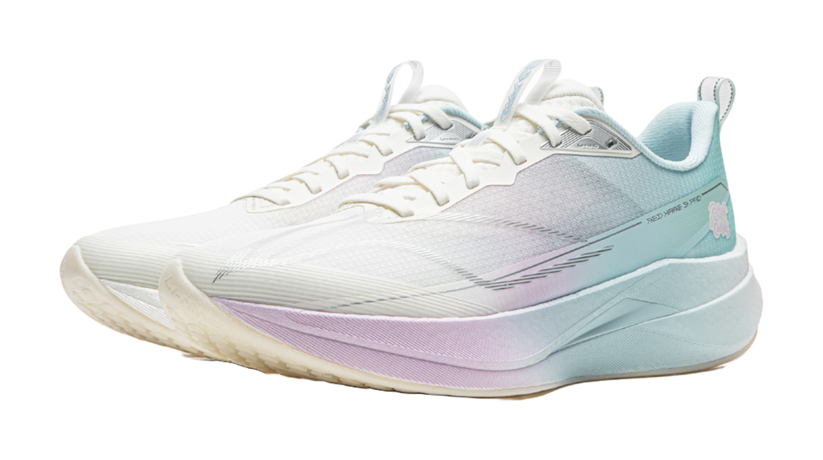 Li-Ning Red Hare 9 Pro running shoe, front angle in white with light blue and purple