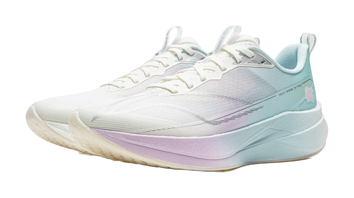 Li-Ning Red Hare 9 Pro running shoe, front angle in white with light blue and purple