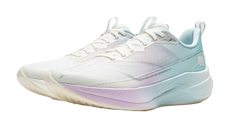 Li-Ning Red Hare 9 Pro running shoe, front angle in white with light blue and purple