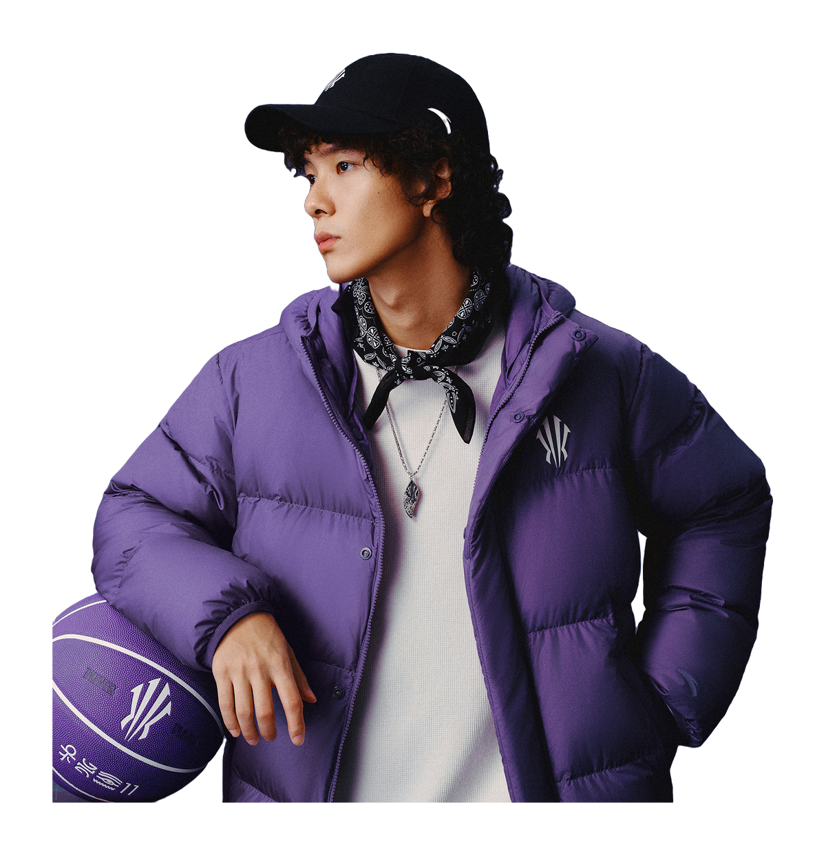 Purple hooded puffer jacket, chest logo and front zipper with stand collar