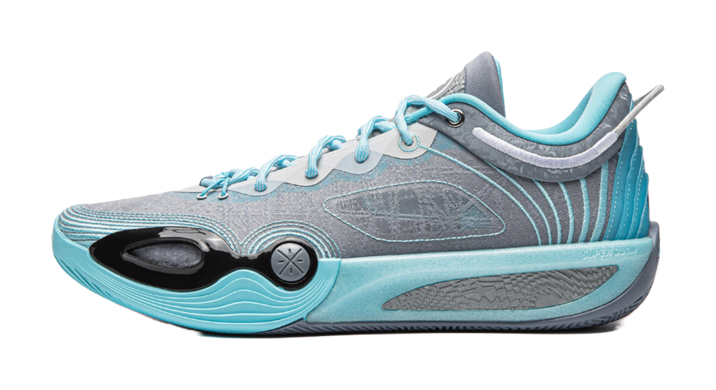 Men's low-top basketball shoe in light blue and gray with lace-up design