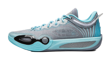 Men's low-top basketball shoe in light blue and gray with lace-up design