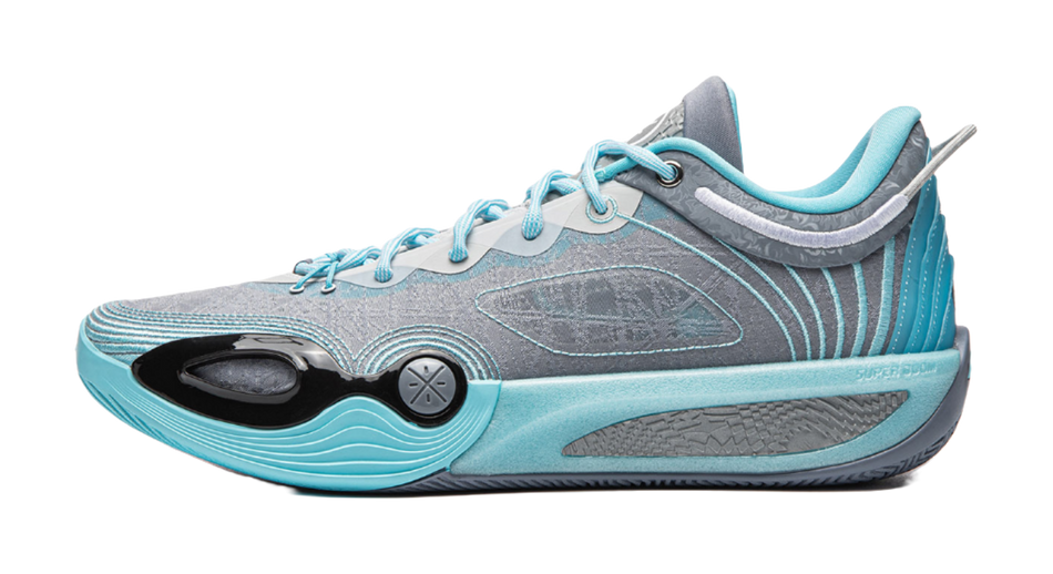 Men's low-top basketball shoe in light blue and gray with lace-up design