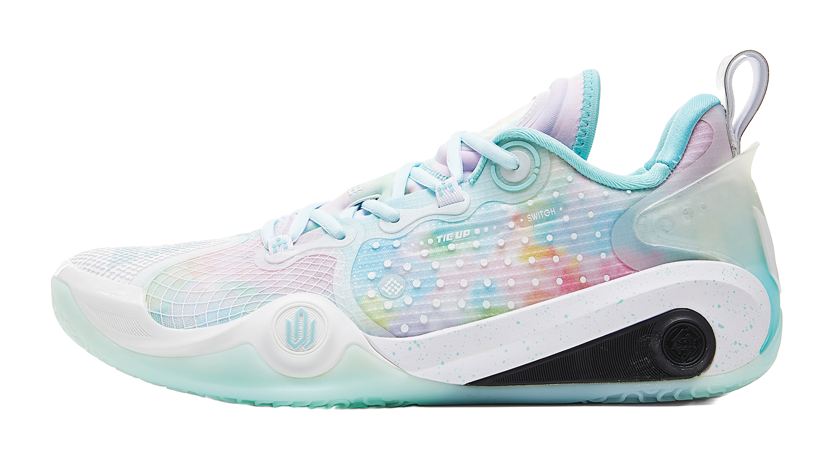 White and light blue basketball shoe with pastel speckle graphic and lace-up design