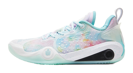 White and light blue basketball shoe with pastel speckle graphic and lace-up design