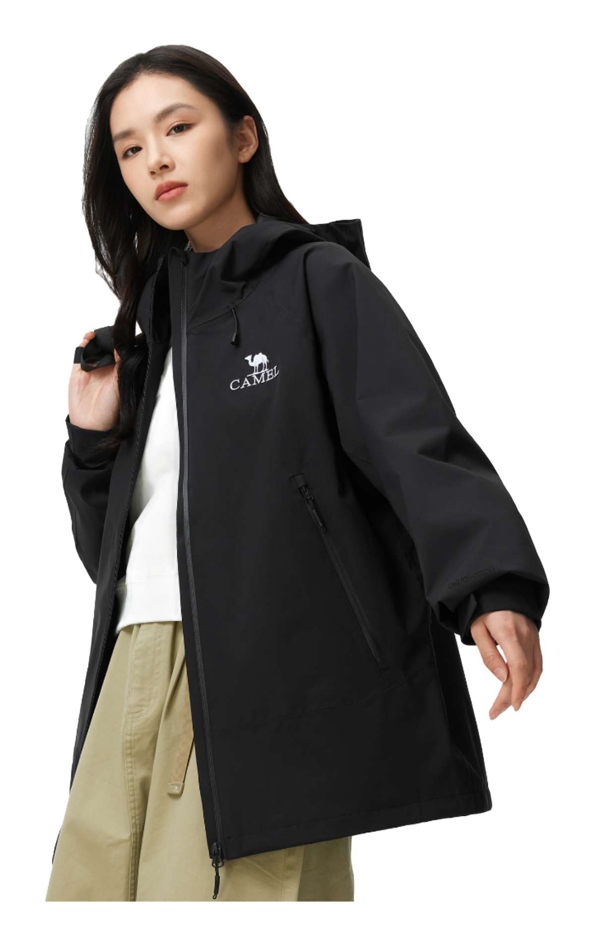 Black unisex windbreaker jacket with hood, full zip, and CAMEL logo on chest