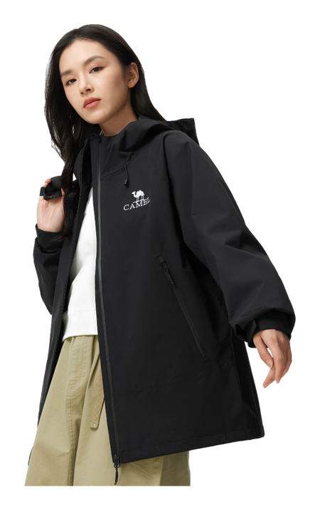 Black unisex windbreaker jacket with hood, full zip, and CAMEL logo on chest