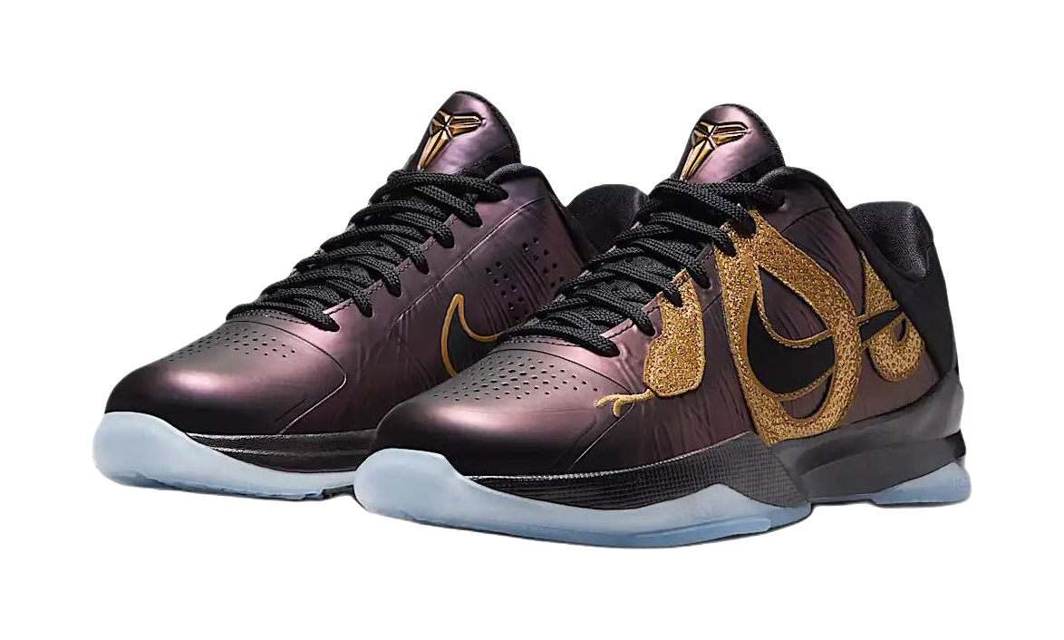 Nike Zoom Kobe 5 Slip Resistant Abrasion Resistant High top Childrens Basketball Shoes Purple Black Gold Kids  vjsneaker.com