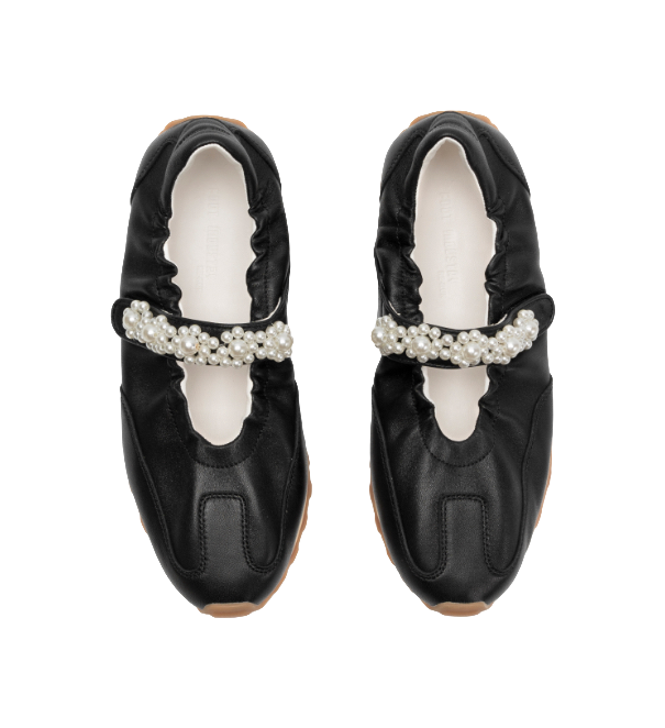 Black flat Mary Jane shoes, front view, pearl beaded strap on instep, tan sole
