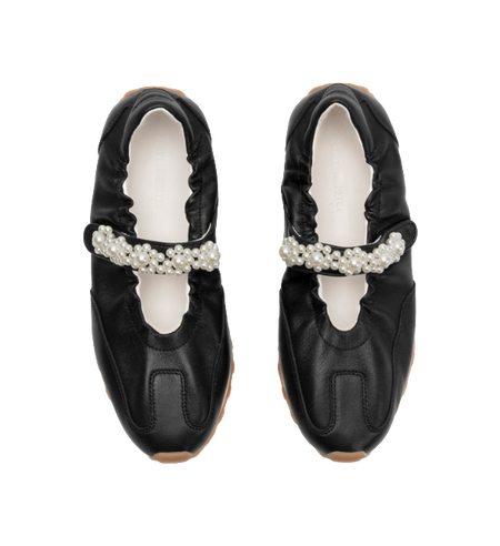 Black flat Mary Jane shoes, front view, pearl beaded strap on instep, tan sole