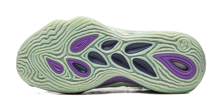Purple and green basketball shoe outsole with tread pattern on mint rubber