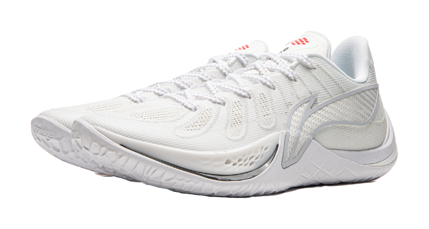 White mesh basketball shoe with lace-up, side logo, and small red logo on tongue.