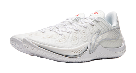 White mesh basketball shoe with lace-up, side logo, and small red logo on tongue.