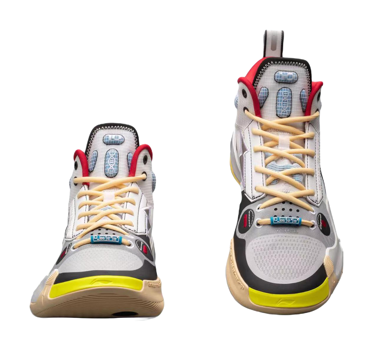 Pair of white mid-top basketball sneakers front view with red trim and yellow outsole