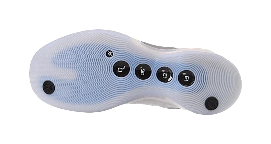 Unisex mid-top basketball shoe outsole, light blue traction pattern with circular grip nodes