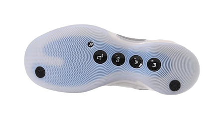 Unisex mid-top basketball shoe outsole, light blue traction pattern with circular grip nodes
