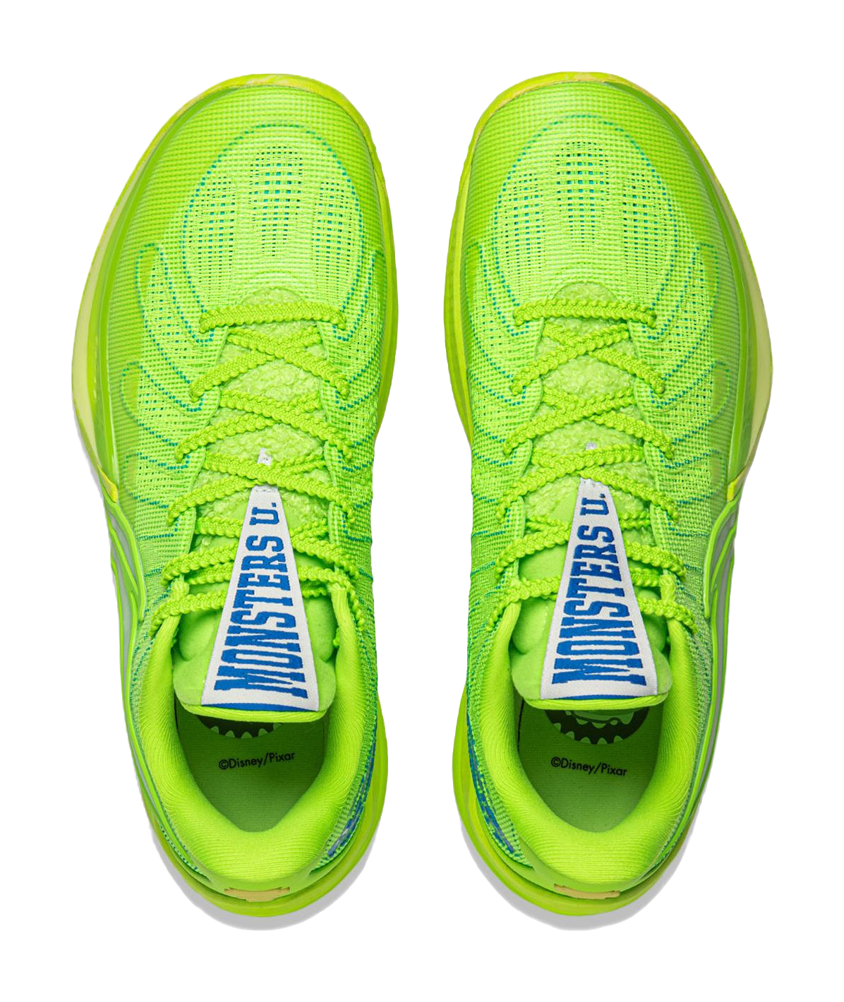 Green lace-up basketball shoe showing blue tongue label