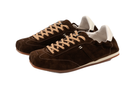 Women's dark brown suede low-top lace-up shoes with white lining and side stitching