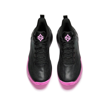Pair of basketball shoes with black knit uppers and pink outsole trim, top view